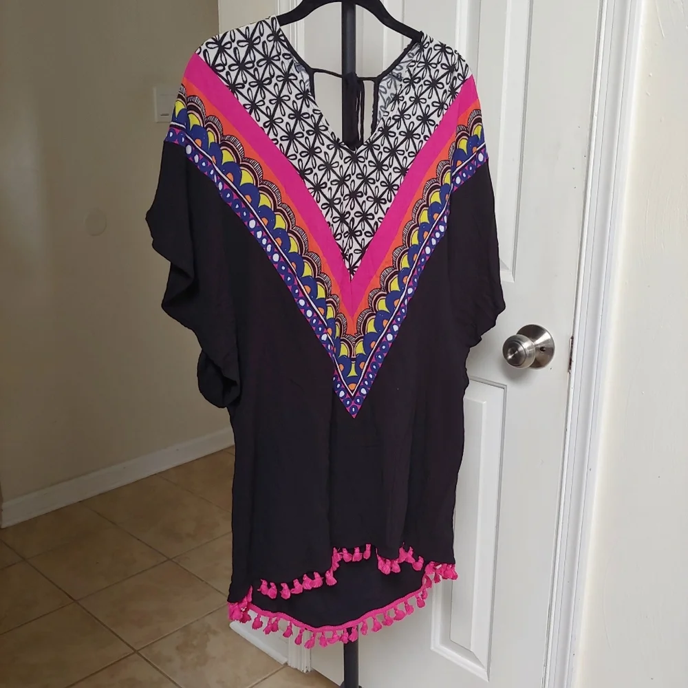 Trina Turk Black Swim Coverup with Pink and White Chevron Print